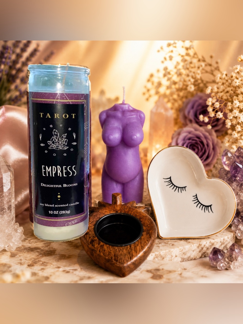 4pc Feminine Earth Goddess Altar Set Soy Candles, Rosewood Holder & Trinket Dish